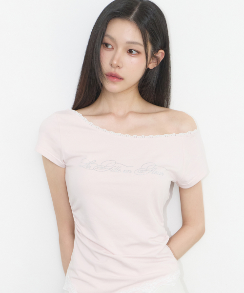 LACE BOAT NECK SHIRRING TOP PINK