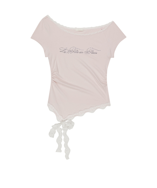 LACE BOAT NECK SHIRRING TOP PINK