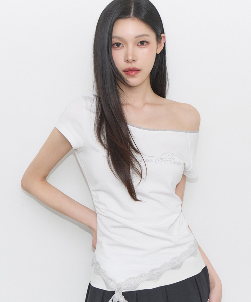 LACE BOAT NECK SHIRRING TOP WHITE