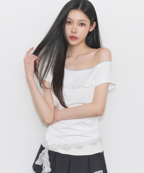 LACE BOAT NECK SHIRRING TOP WHITE