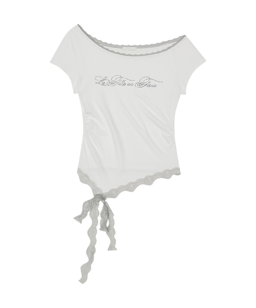 LACE BOAT NECK SHIRRING TOP WHITE