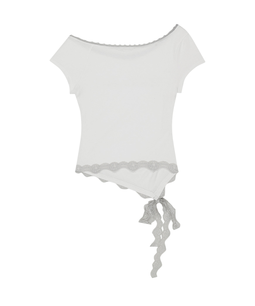 LACE BOAT NECK SHIRRING TOP WHITE