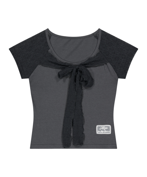 LACE RIBBON COLOR-BLOCK T-SHIRT CHARCOAL