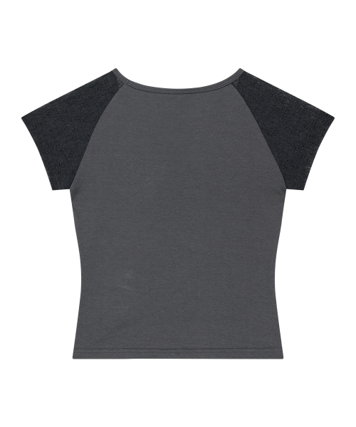 LACE RIBBON COLOR-BLOCK T-SHIRT CHARCOAL