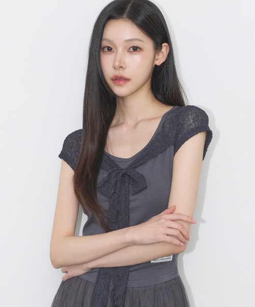 LACE RIBBON COLOR-BLOCK T-SHIRT CHARCOAL
