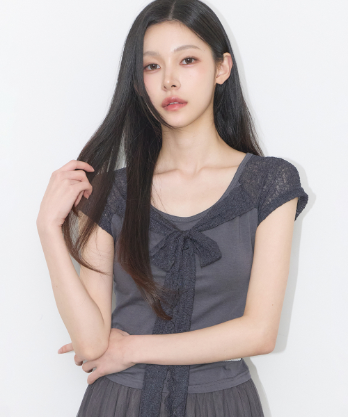 LACE RIBBON COLOR-BLOCK T-SHIRT CHARCOAL