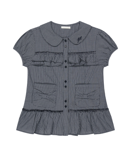 BOW POCKET RUFFLE BLOUSE CHECK NAVY