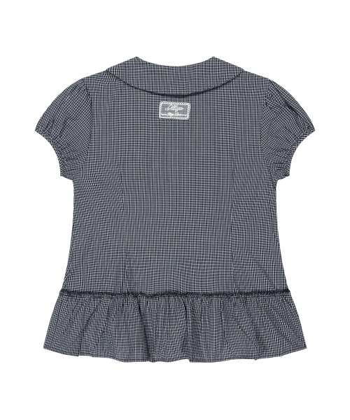 BOW POCKET RUFFLE BLOUSE CHECK NAVY