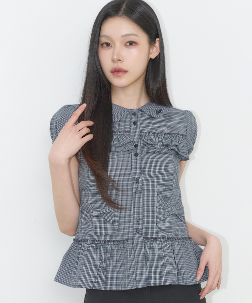 BOW POCKET RUFFLE BLOUSE CHECK NAVY