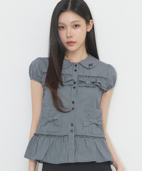 BOW POCKET RUFFLE BLOUSE CHECK NAVY