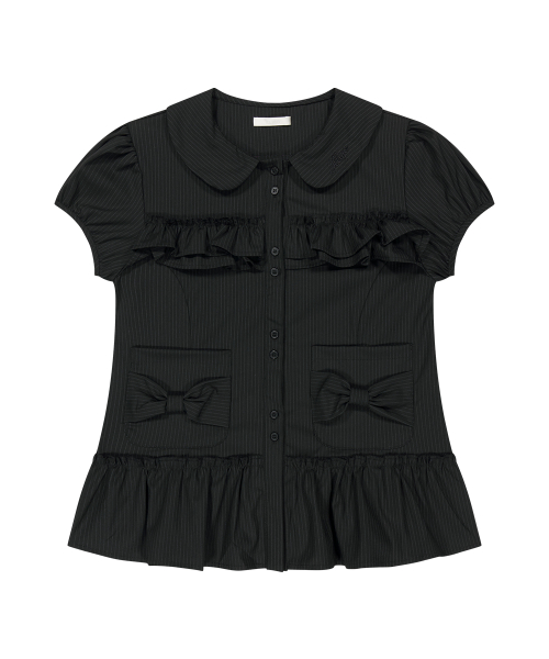 BOW POCKET RUFFLE BLOUSE STRIPE BLACK