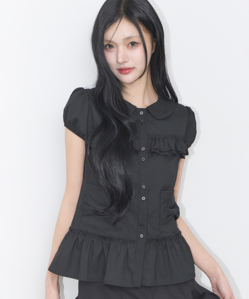 BOW POCKET RUFFLE BLOUSE STRIPE BLACK