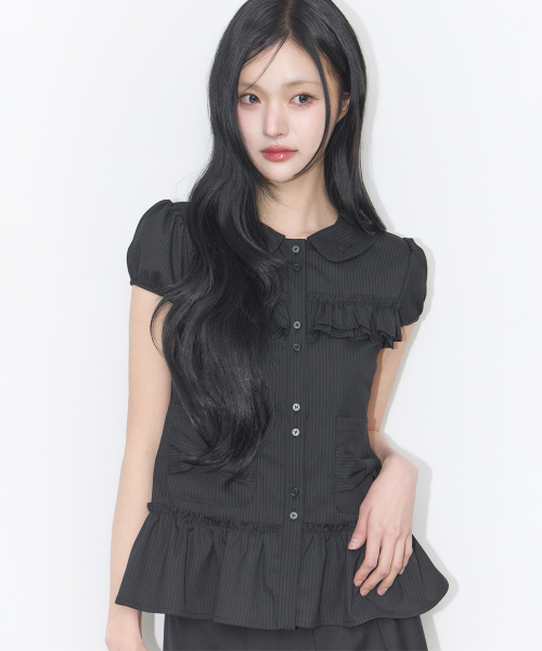 BOW POCKET RUFFLE BLOUSE STRIPE BLACK
