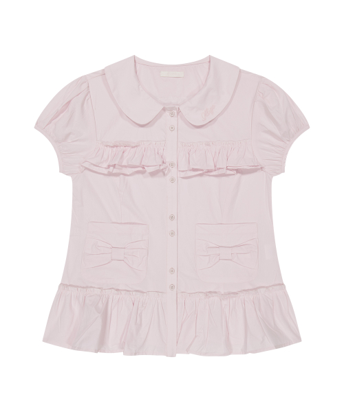 BOW POCKET RUFFLE BLOUSE PINK