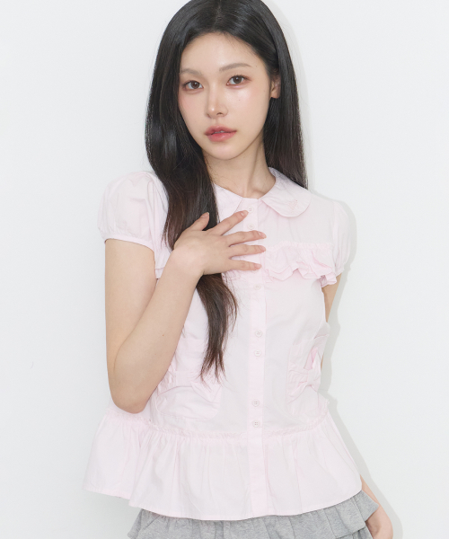BOW POCKET RUFFLE BLOUSE PINK