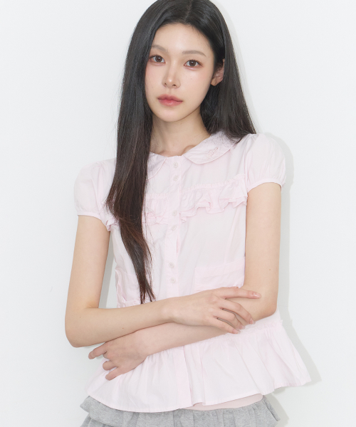 BOW POCKET RUFFLE BLOUSE PINK
