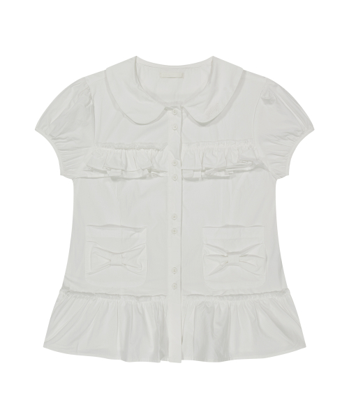 BOW POCKET RUFFLE BLOUSE WHITE