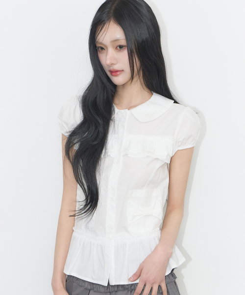 BOW POCKET RUFFLE BLOUSE WHITE
