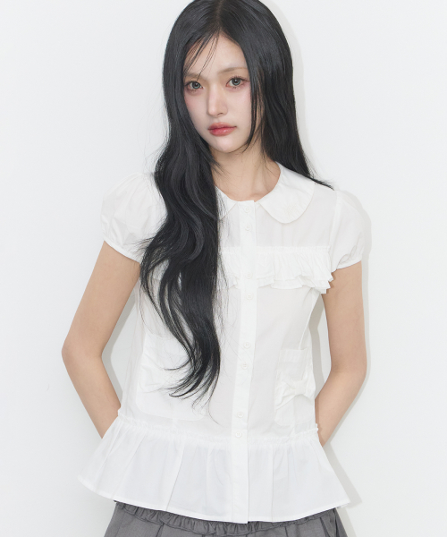 BOW POCKET RUFFLE BLOUSE WHITE