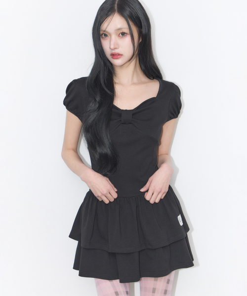BOW FLARE MINI DRESS BLACK