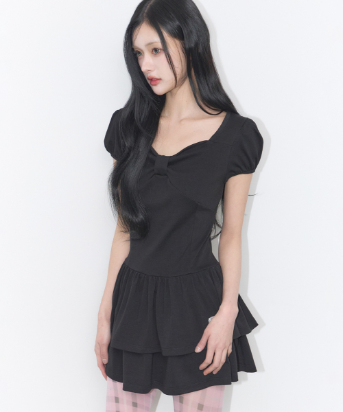 BOW FLARE MINI DRESS BLACK