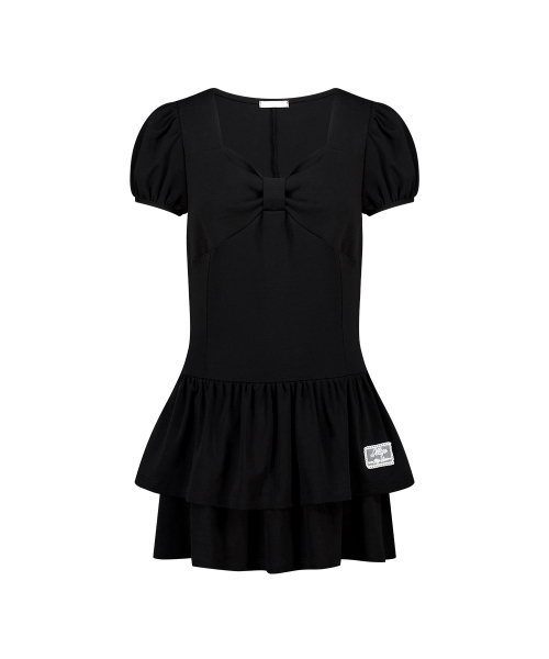 BOW FLARE MINI DRESS BLACK