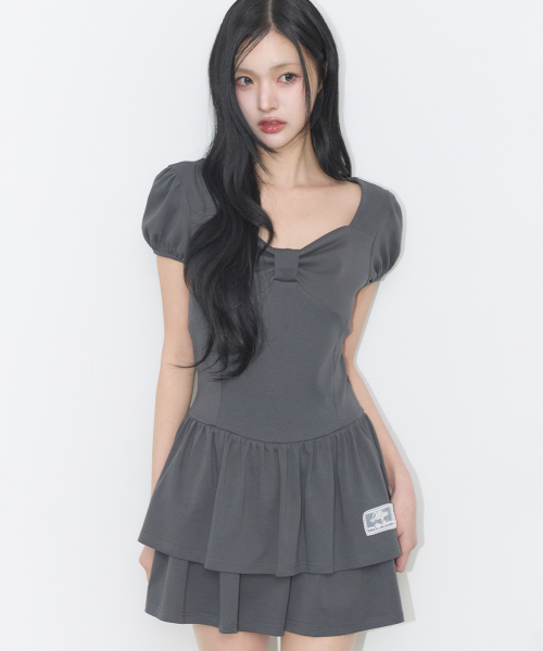 BOW FLARE MINI DRESS CHARCOAL