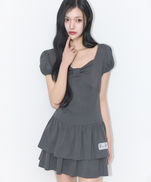 BOW FLARE MINI DRESS CHARCOAL