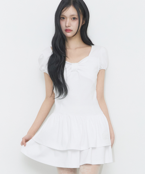 BOW FLARE MINI DRESS WHITE