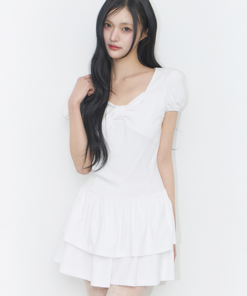 BOW FLARE MINI DRESS WHITE