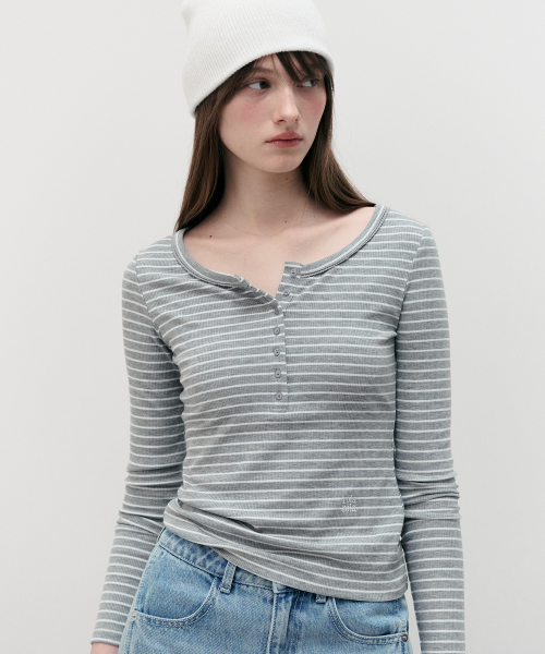 NUBASIC LACE BUTTON STRIPE T-SHIRT GRAY