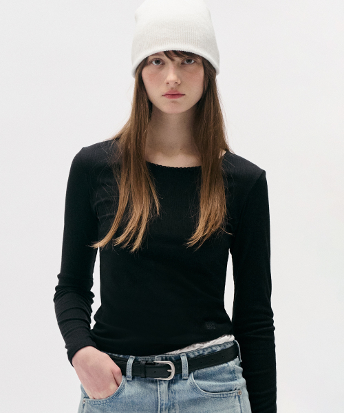 NUBASIC LACE ROUND NECK SLIM T-SHIRT BLACK