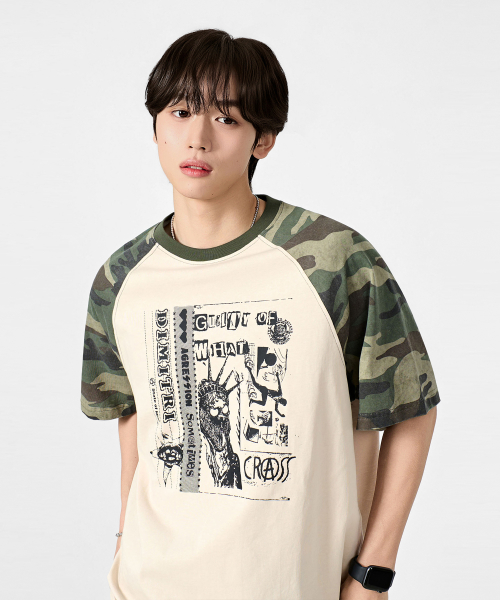 RAGLAN COLOR BLOCK PIGMENT ARTWORK SHORT SLEEVE T-SHIRT