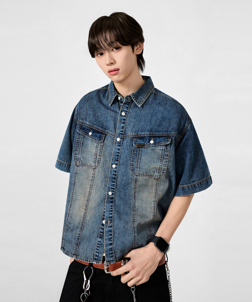FADED WASHING DENIM TRUCKER HALF SHIRT_DUST INDIGO
