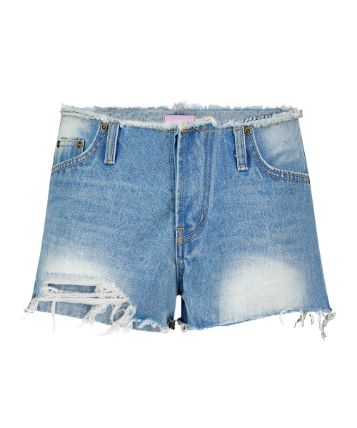 LOW-RISE DESTROYED DENIM SHORTS BLUE
