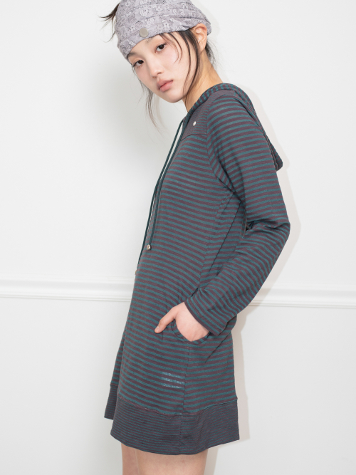 STRIPE HOODIE DRESS (GREEN PLUM)