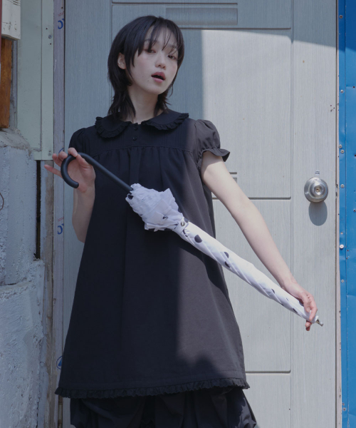 FRILLED DOT UMBRELLA LONG - WHITE DOTS