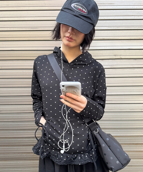 FRILL RIBBON HOODIE BLACK DOT