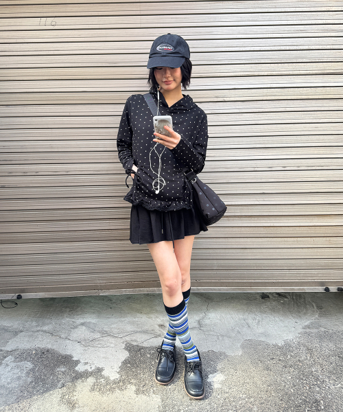 FRILL RIBBON HOODIE BLACK DOT