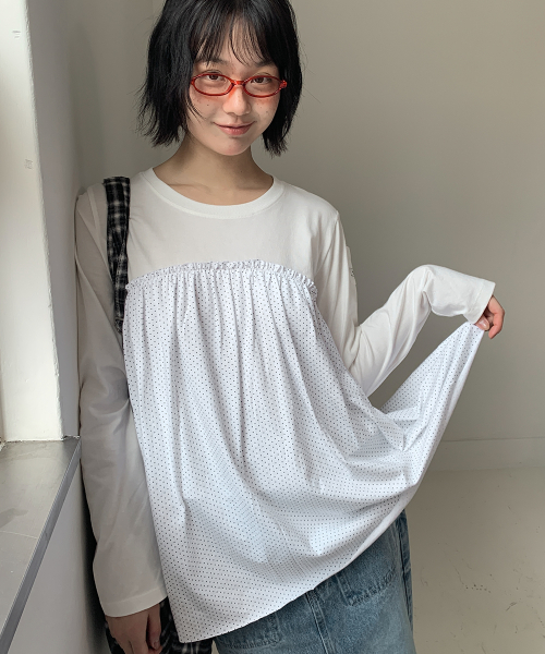 DOT FRILL LAYERED LONG SLEEVE WHITE