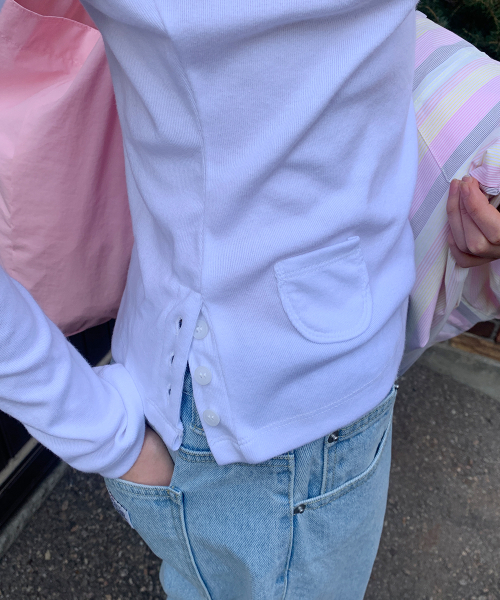 ASYMMETRIC BUTTON MINI POCKET LONG SLEEVE WHITE