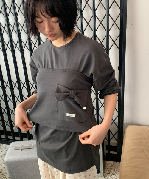 WRAP RIBBON POCKET LONG SLEEVE CHARCOAL