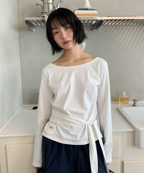 WAIST TIE OFF SHOULDER LONG SLEEVE WHITE