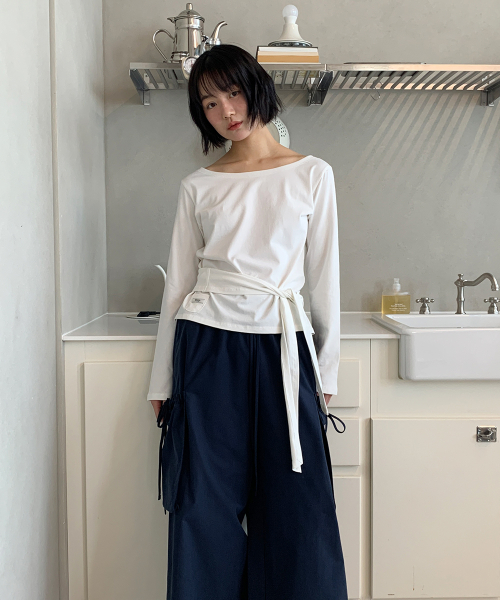 WAIST TIE OFF SHOULDER LONG SLEEVE WHITE
