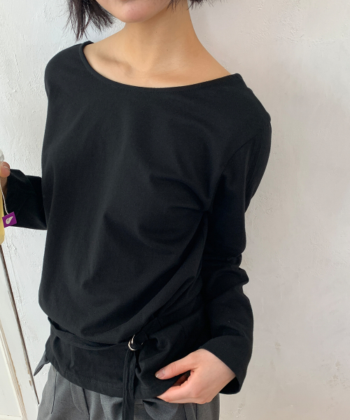 BACK OPEN WAIST BELT LONG SLEEVE T SHIRT BLACK