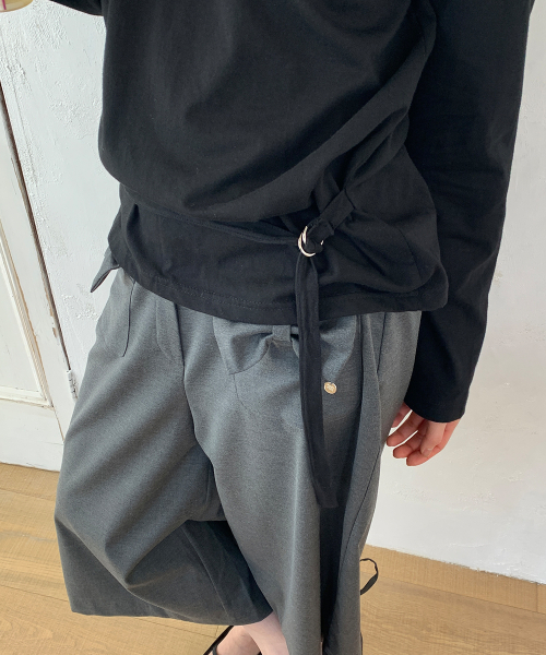 BACK OPEN WAIST BELT LONG SLEEVE T SHIRT BLACK