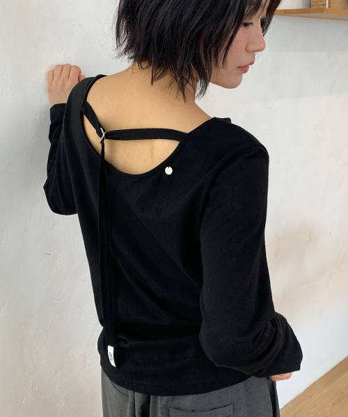 BACK OPEN WAIST BELT LONG SLEEVE T SHIRT BLACK