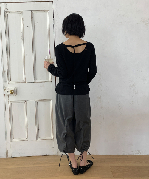 BACK OPEN WAIST BELT LONG SLEEVE T SHIRT BLACK