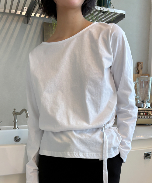 BACK OPEN WAIST BELT LONG SLEEVE T SHIRT WHITE