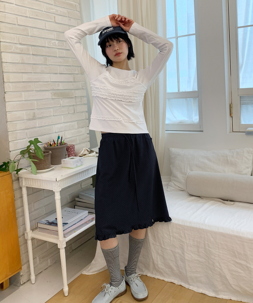 STRIPE FRILL STAR CHARM MIDI SKIRT NAVY